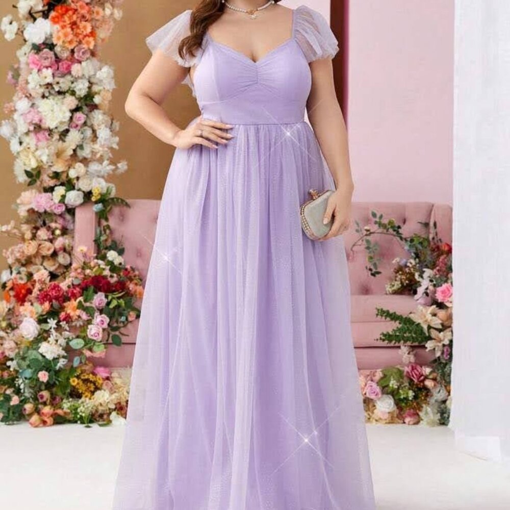 Sz 2X NWT Shein Curve Lavender Tulle Ruffle Gown with Gold Glitter Dots